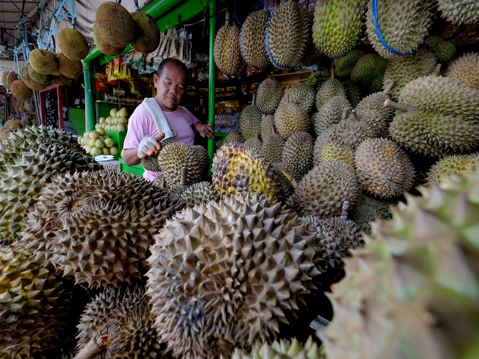 Fruit stalls piled with durian and mangosteen