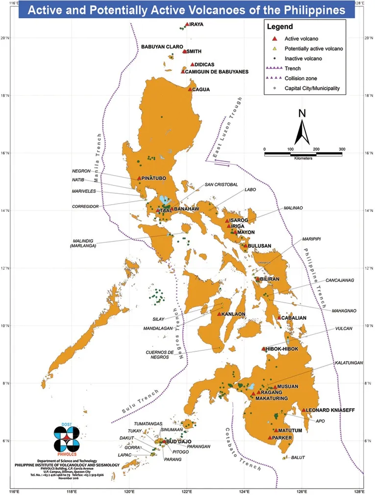 PHIVOLCS map of active and potentially active volcanoes of the Philippines, showing trenches, collision zones, and volcano locations by classification
