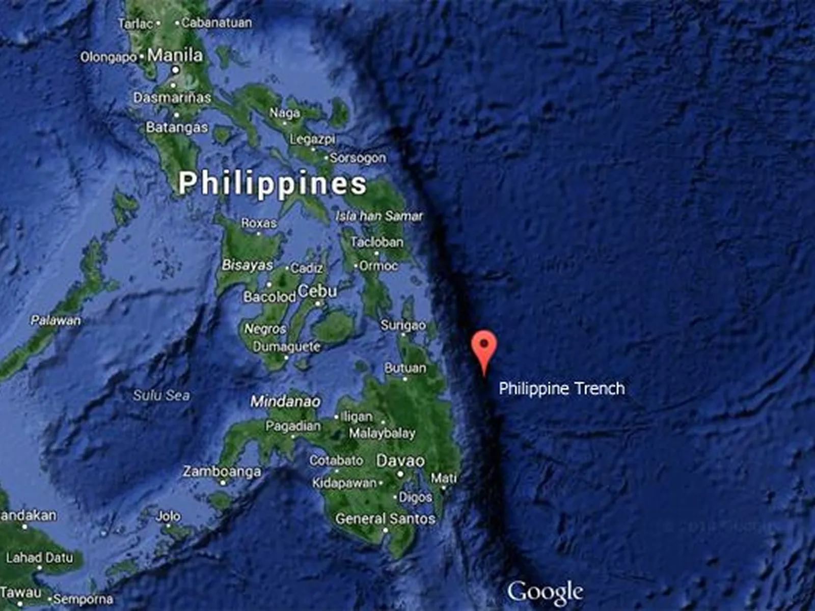 Map showing the Philippine Trench running along the eastern Mindanao coast