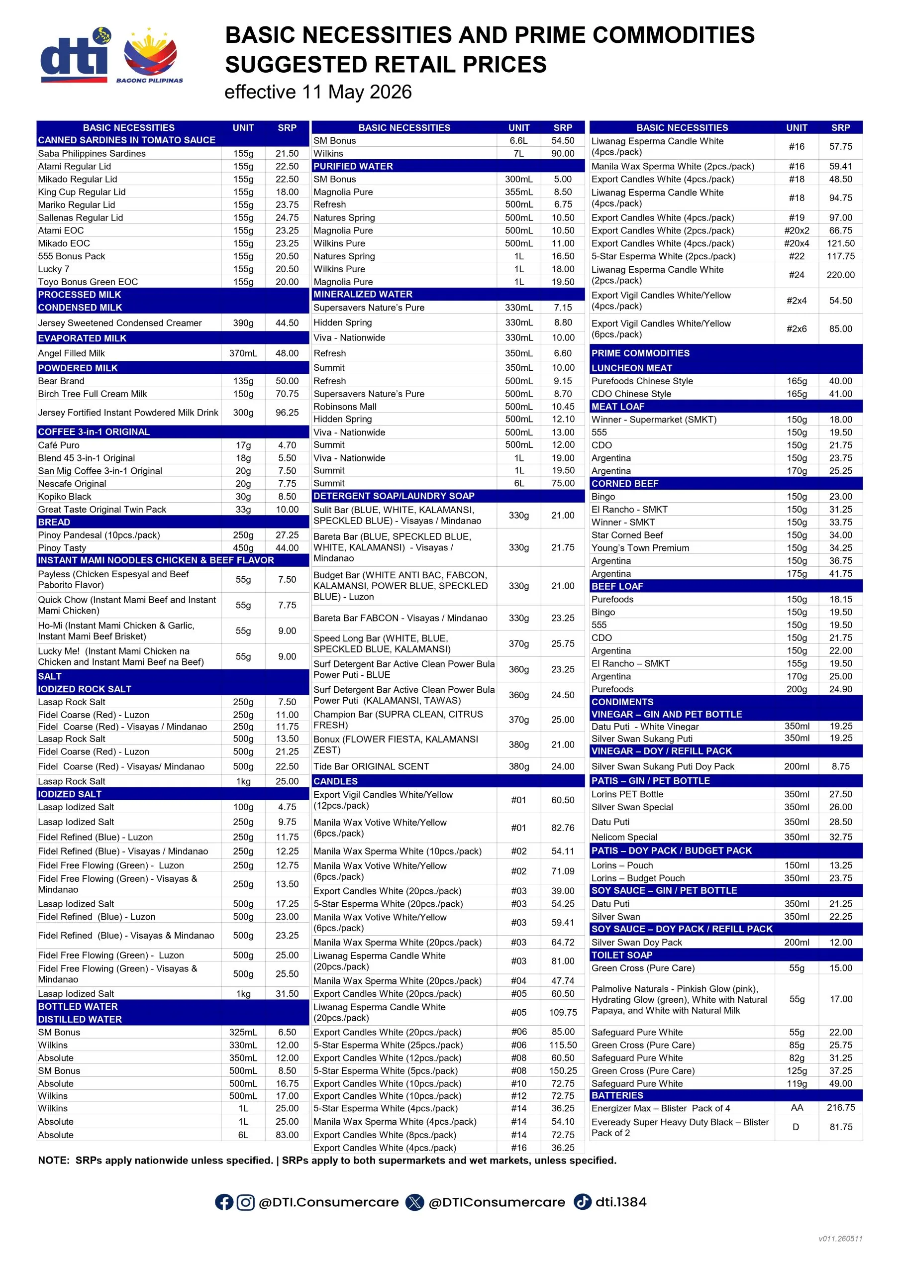 DTI Basic Necessities and Prime Commodities Suggested Retail Prices bulletin, effective 11 May 2026